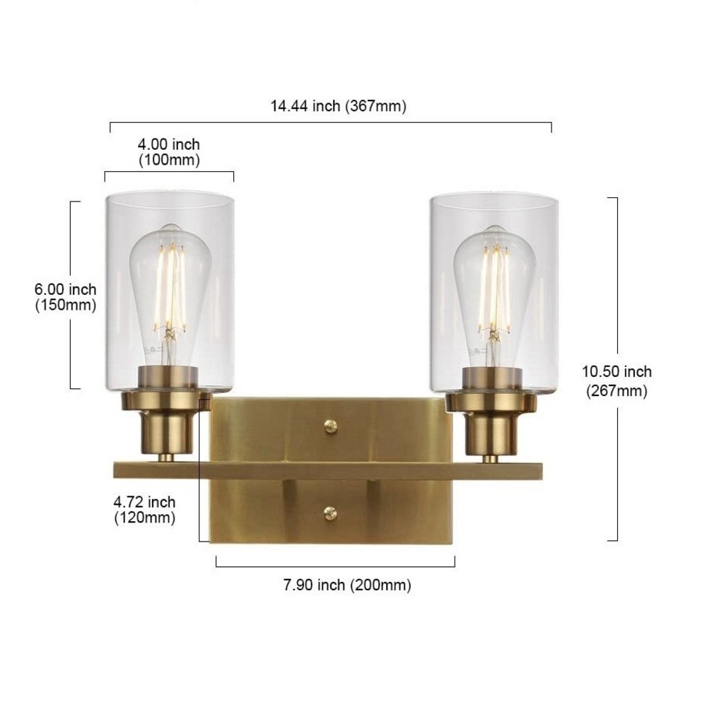 MELUCEE 2 Light Wall Sconce Brushed Brass Light Fixture w/Clear Glass Shade‎ NEW